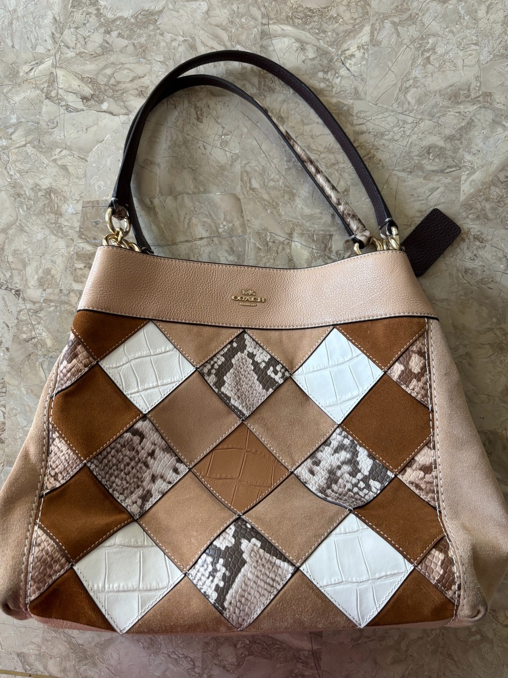 Coach Patchwork Shoulder Bag in Tan, Brown & White with Snake-Print